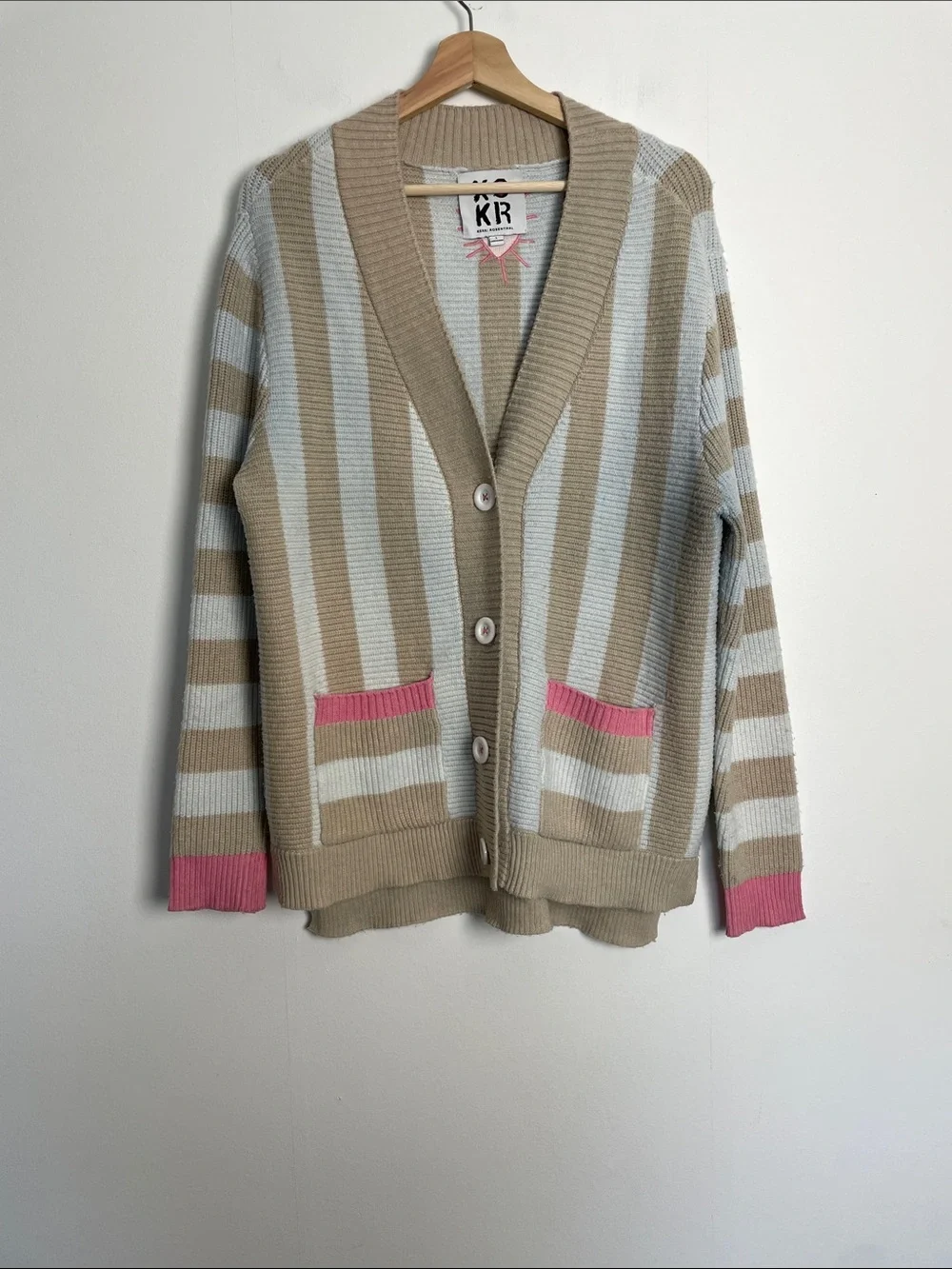 Kerri Rosenthal Striped V-Neck Button Pockets L Cardigan Pink Accents Sweater